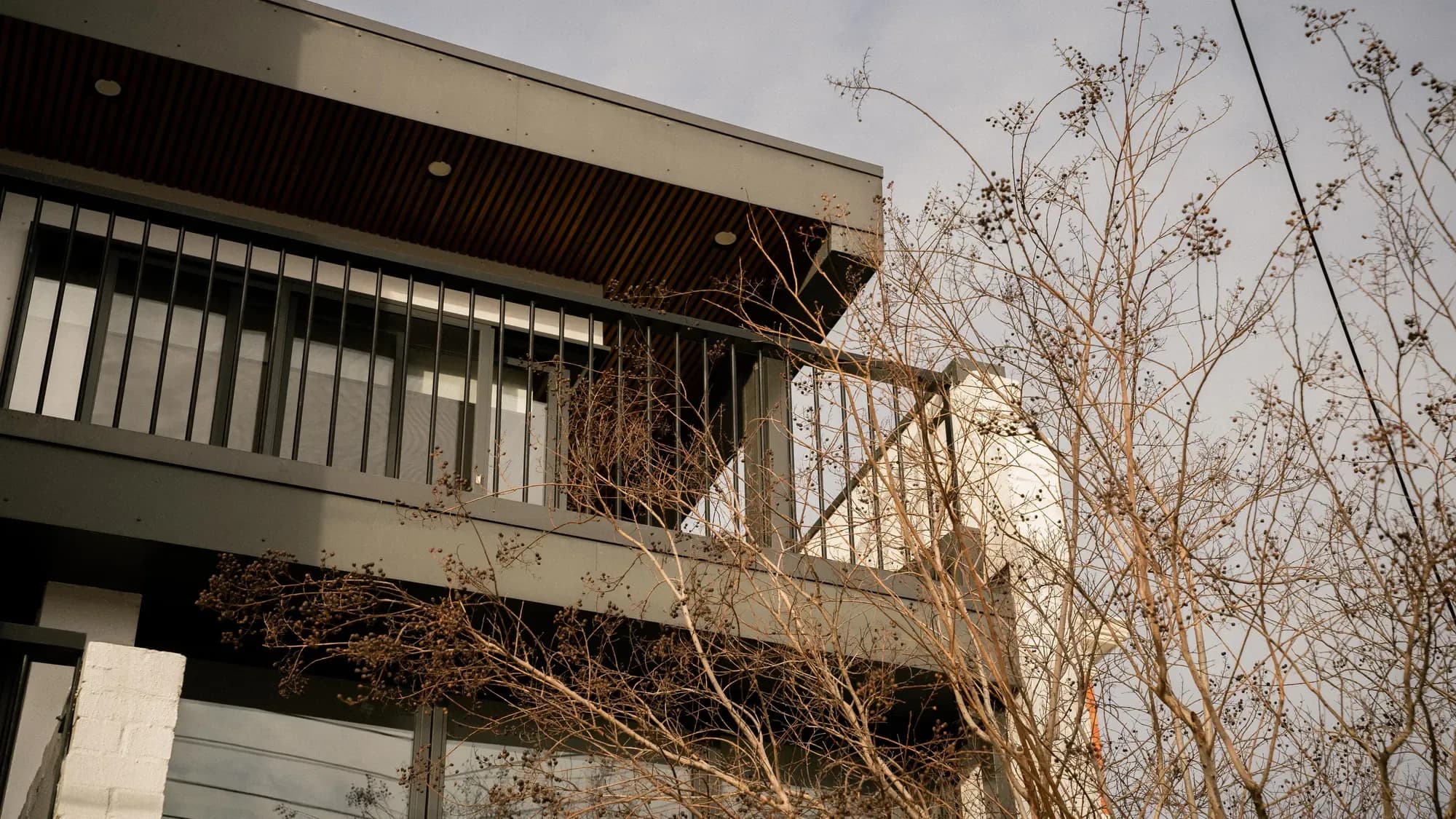 The tri-level rear elevation with its timber screens and steel balustrades