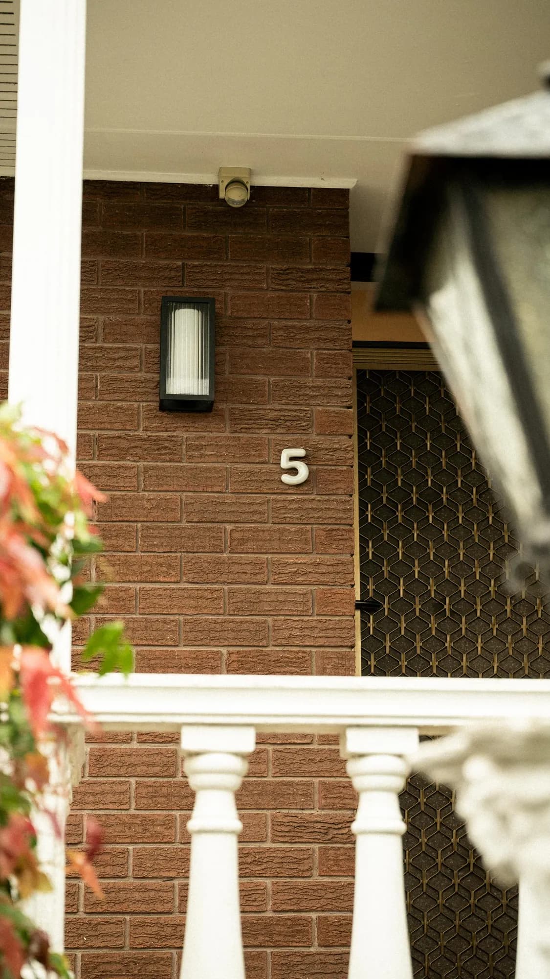 The entry, a carriage lamp and red foliage beside it